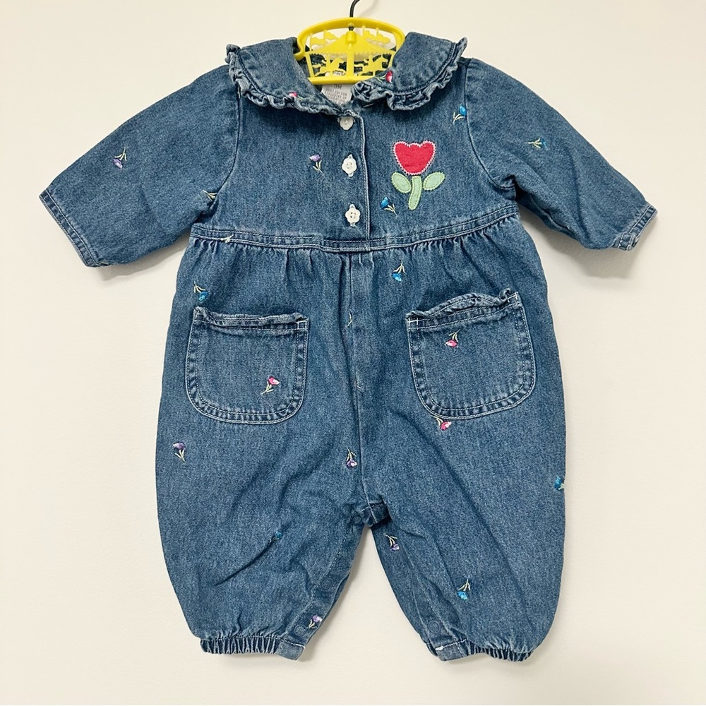 Class Club Vintage Baby Girl Denim Jumpsuit with Floral Details Vintage Bubble